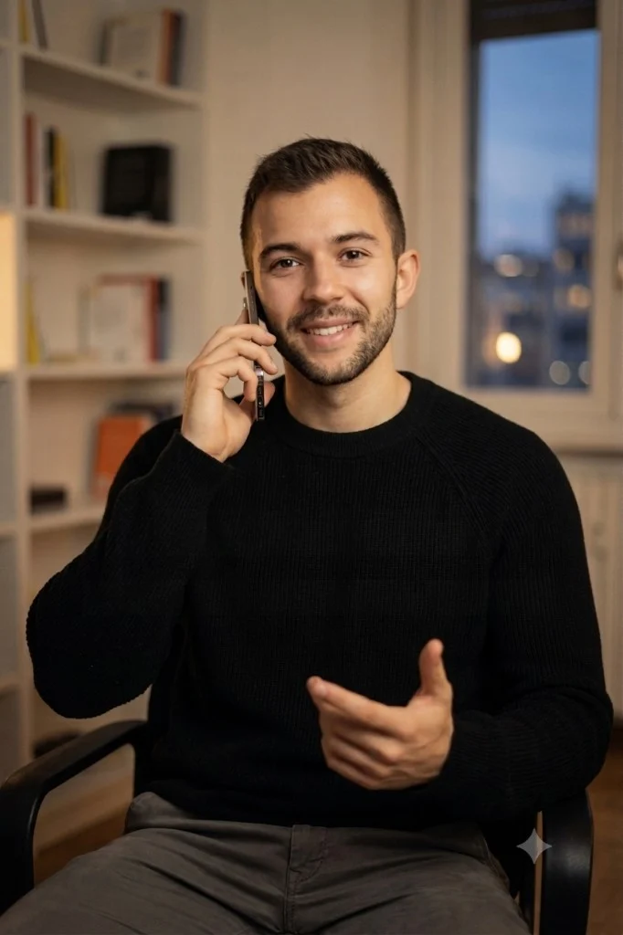 Matteo Capalbo al telefono, sorridente, in un contesto da studio con libreria sullo sfondo