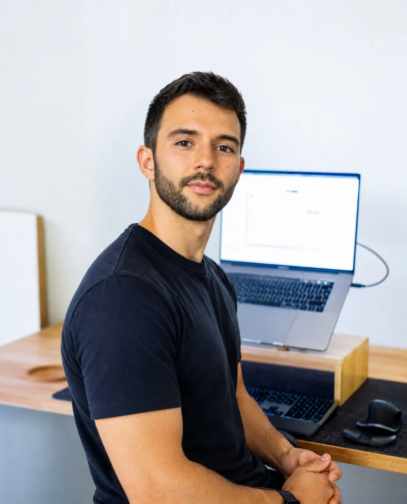 Ritratto professionale di Matteo Capalbo alla scrivania con laptop, che guarda verso la fotocamera