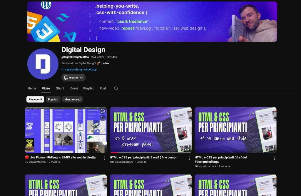 Canale YouTube Digital Design di Matteo Capalbo, tutorial su design, HTML, CSS e sviluppo web