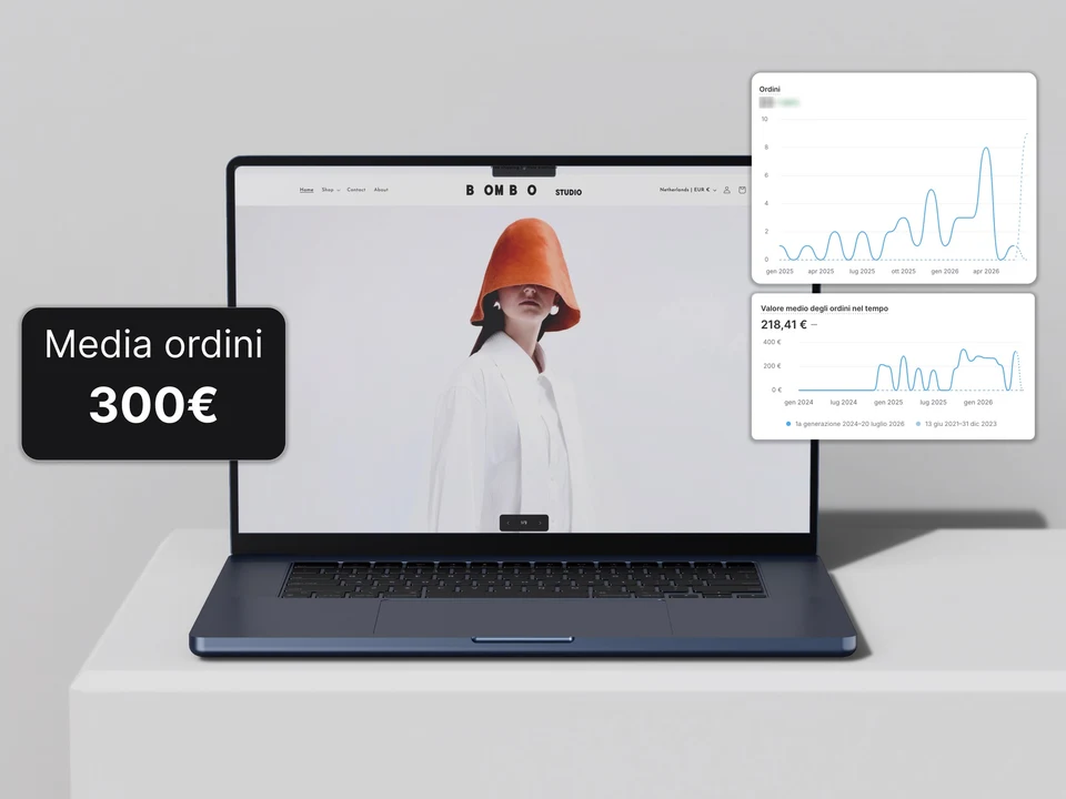 Mockup e-commerce Bombo Studio su laptop, con badge media ordini e valore carrello