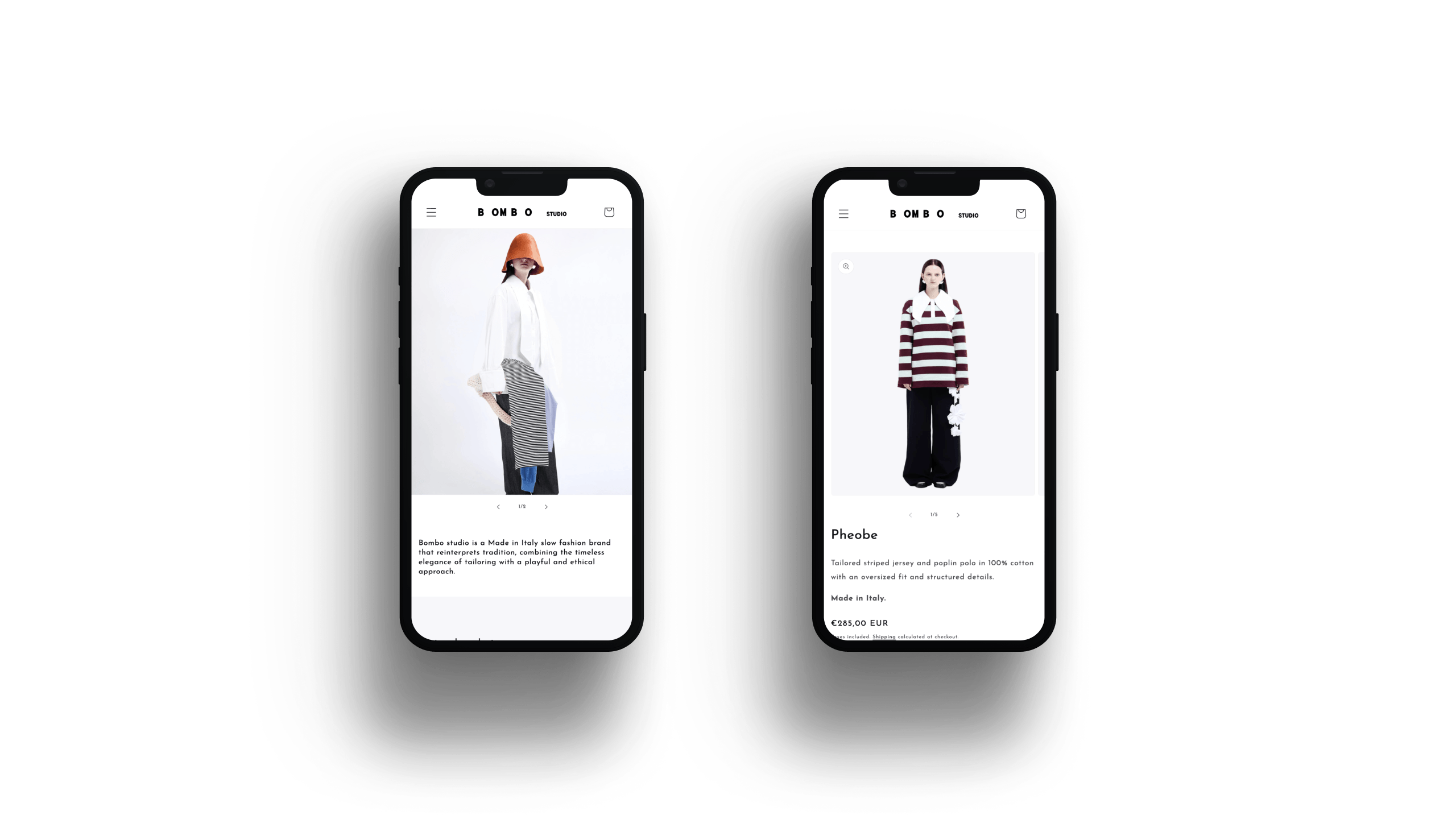 Mockup mobile Bombo Studio: brand story e dettaglio prodotto Pheobe
