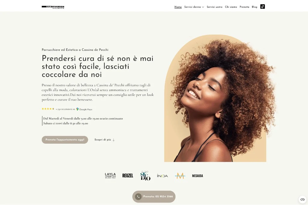 Homepage di Hair Fashion Giuseppe con hero e CTA prenotazione
