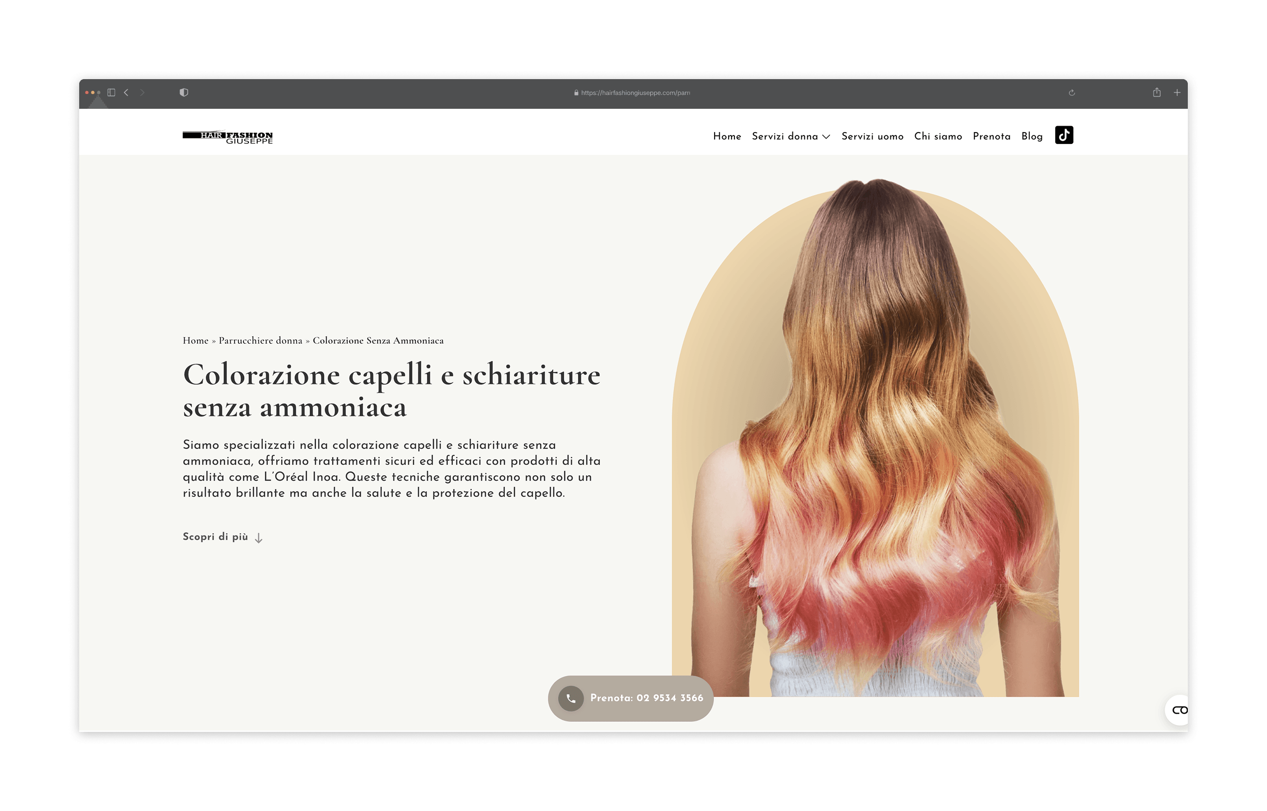 Schermata desktop Hair Fashion Giuseppe: homepage e servizi del salone