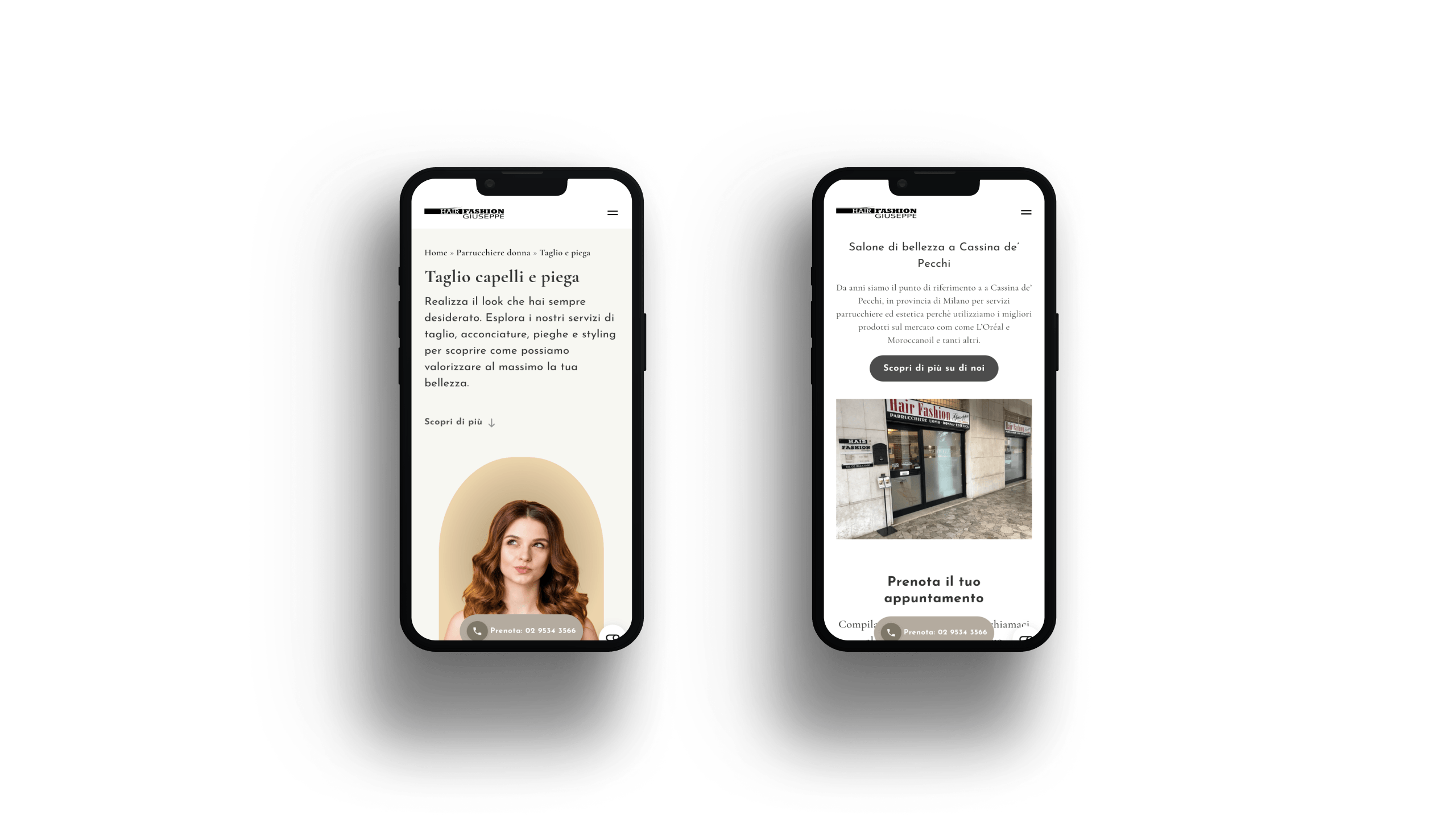Mockup mobile Hair Fashion Giuseppe: servizio taglio e piega e sezione salone
