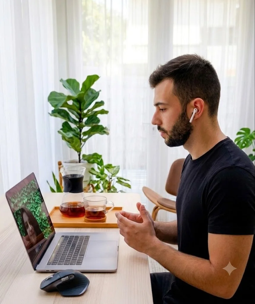 Matteo Capalbo in videochiamata con un cliente, al desk con laptop