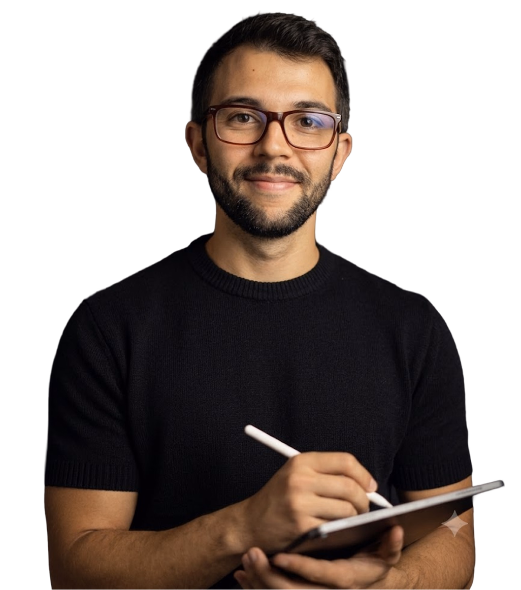 Matteo Capalbo, web designer freelance, con tablet e penna stilografica