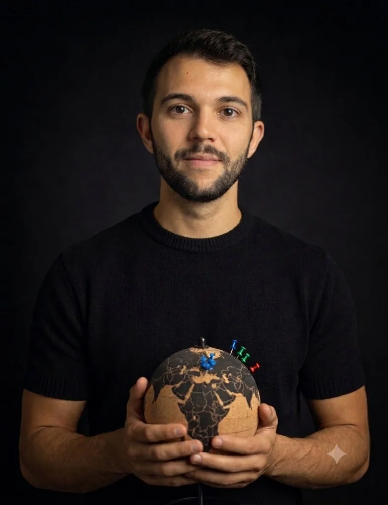 Matteo Capalbo, web designer freelance, con un mappamondo in mano su sfondo scuro